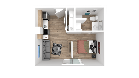 a 3d floor plan of a house with a bedroom and a living room